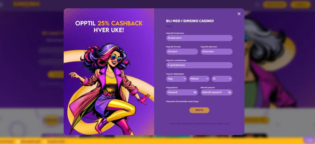 simsino registrer konto