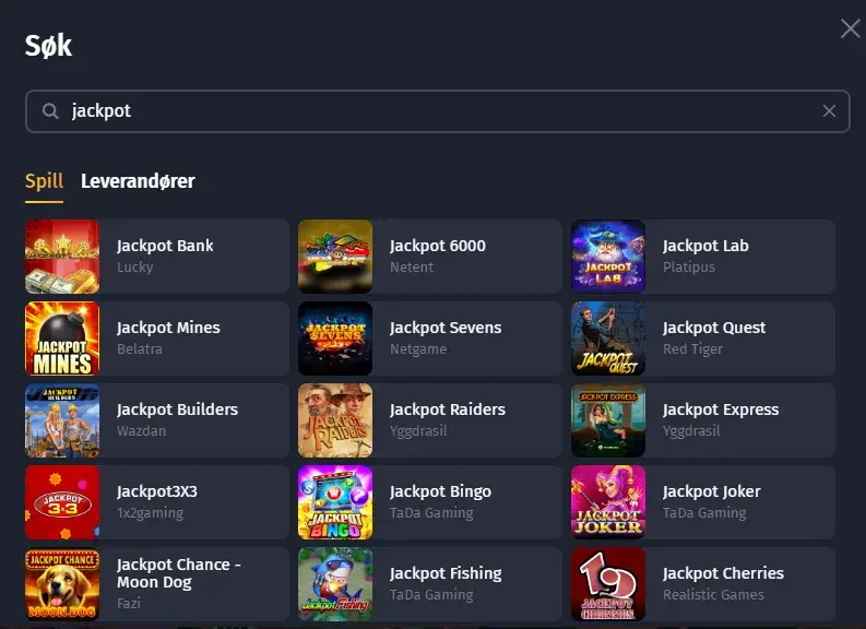 søk etter spill jackpot