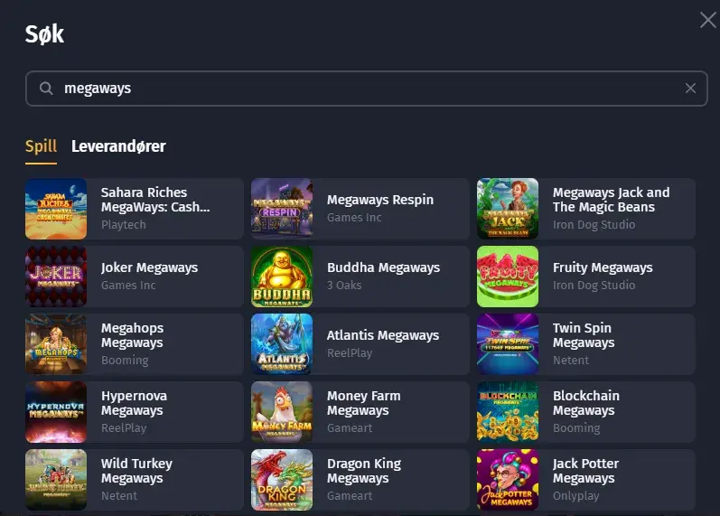 søk etter spill megaways